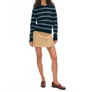NEW WHITE + WARREN fine cotton boucle striped crewneck top in deep navy/pastel b